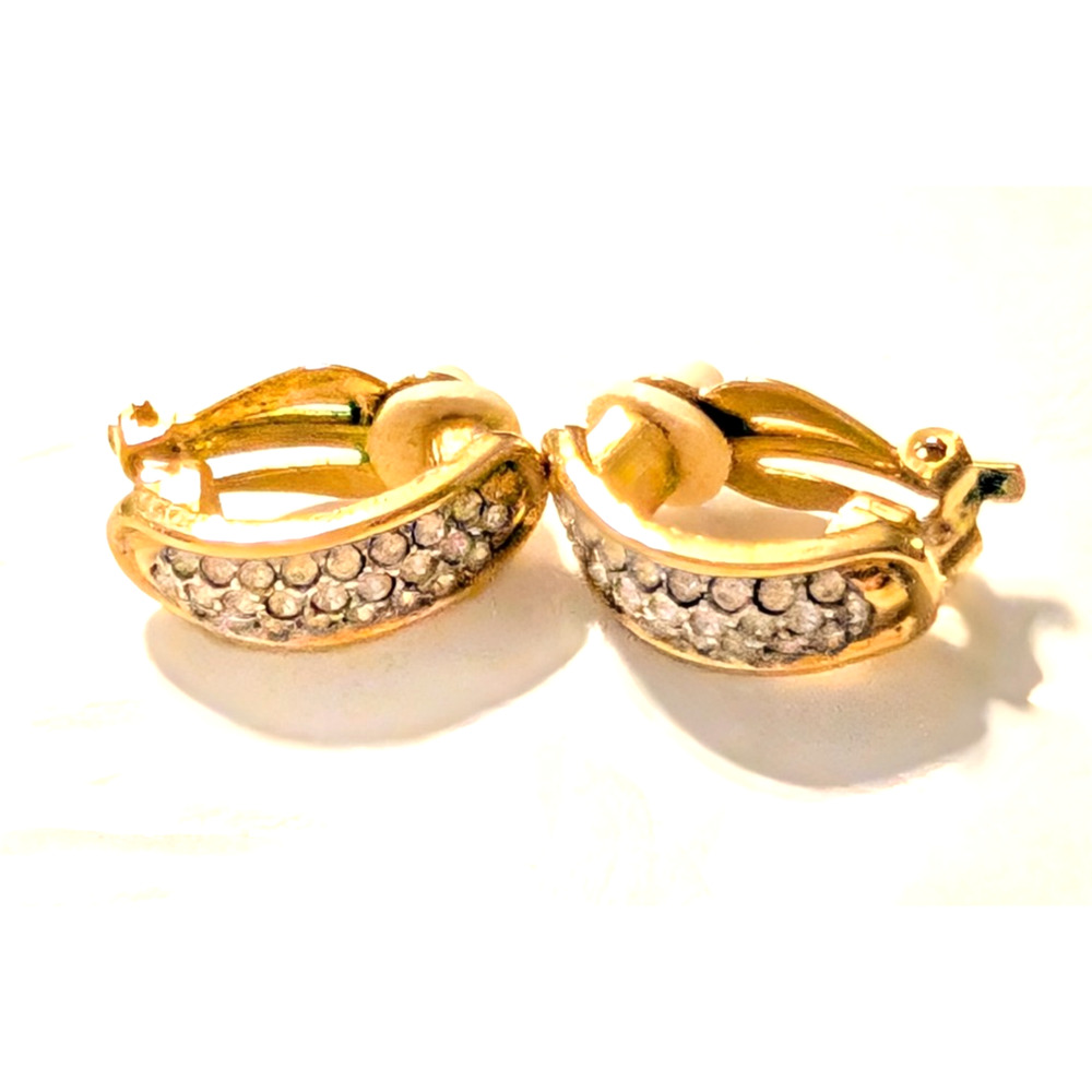 Vintage Pave Rhinestone Clip-On Earrings, Crescents‎ Gold-tone Sparkly wc-79